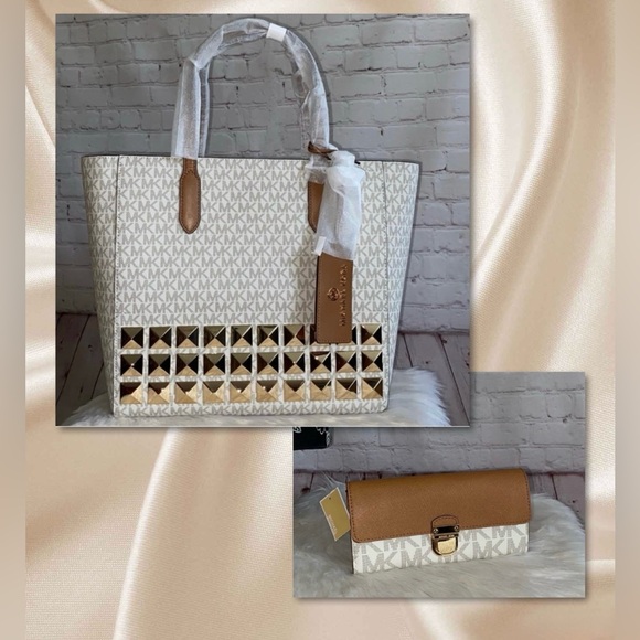 Michael Kors Large SINCLAIR Studded Tote/ BRIDGETTE Flap Wallet 2pc Set - Picture 1 of 8